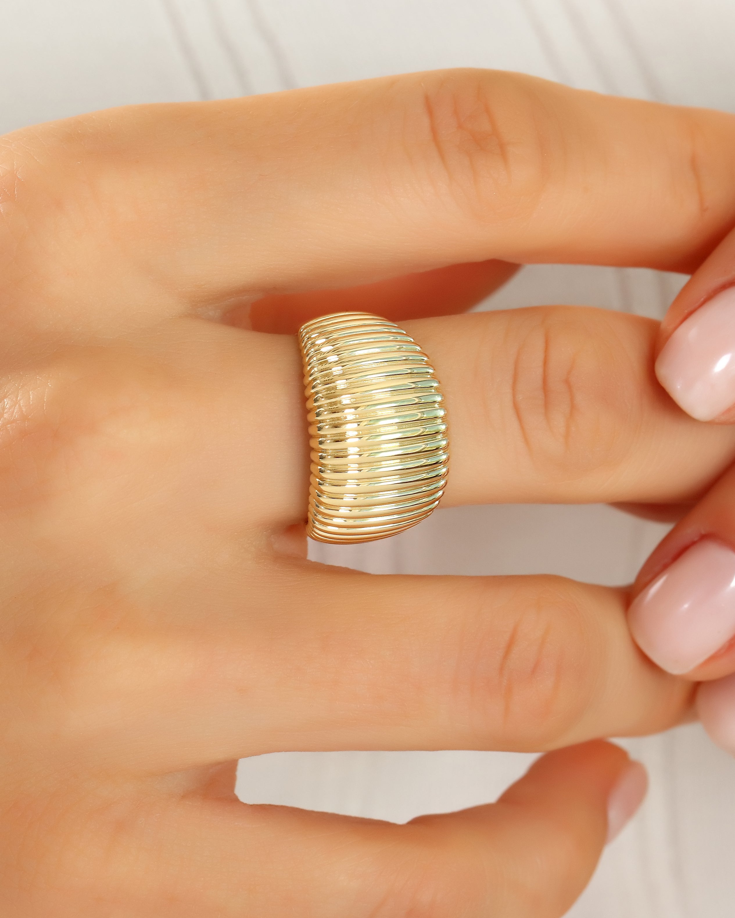 Ridged Ribbed Dome Ring in Solid Gold