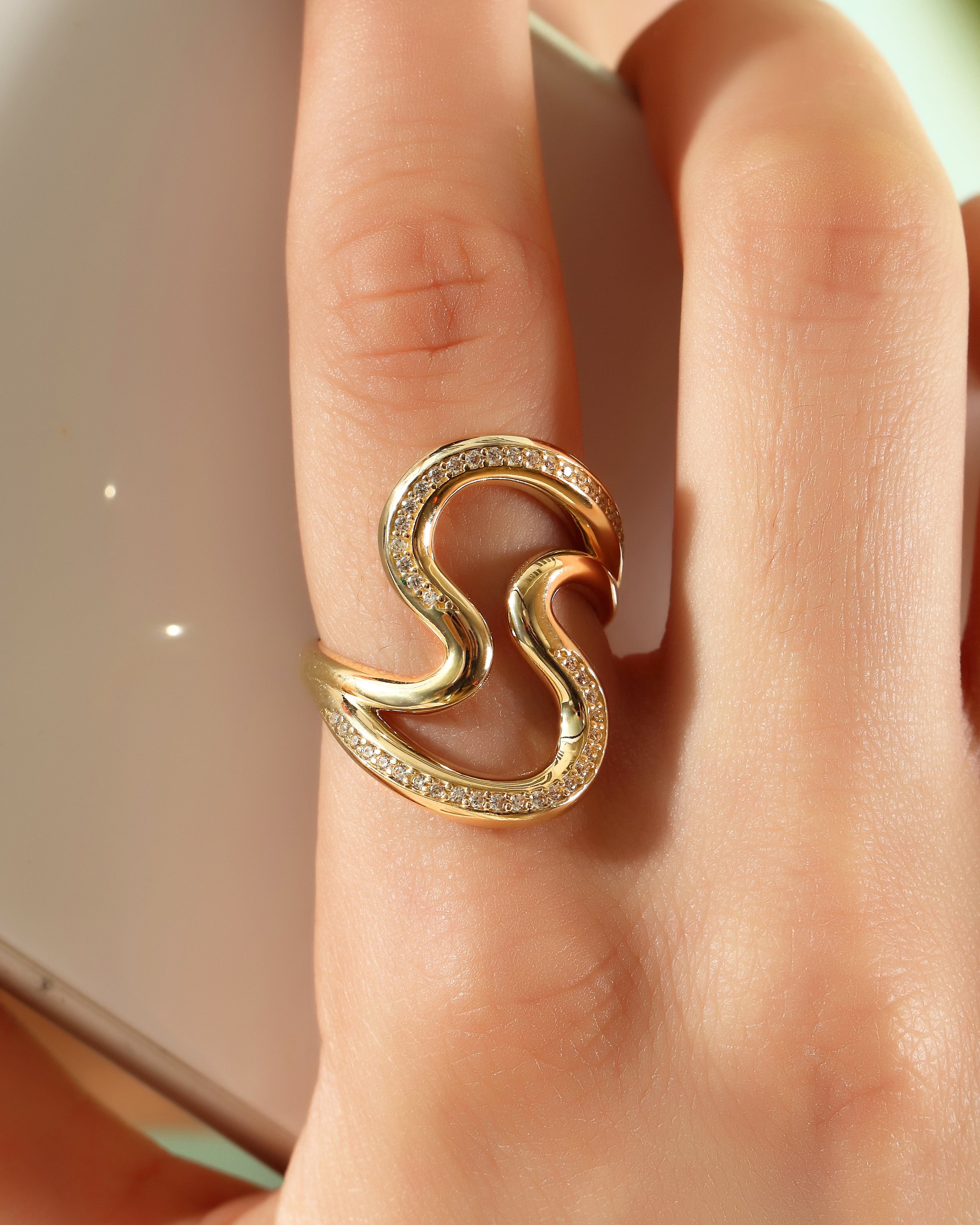 Solid Gold Dainty Wavy Ring – Pave Diamond Stacking Ring for Women | 10K 14K 18K