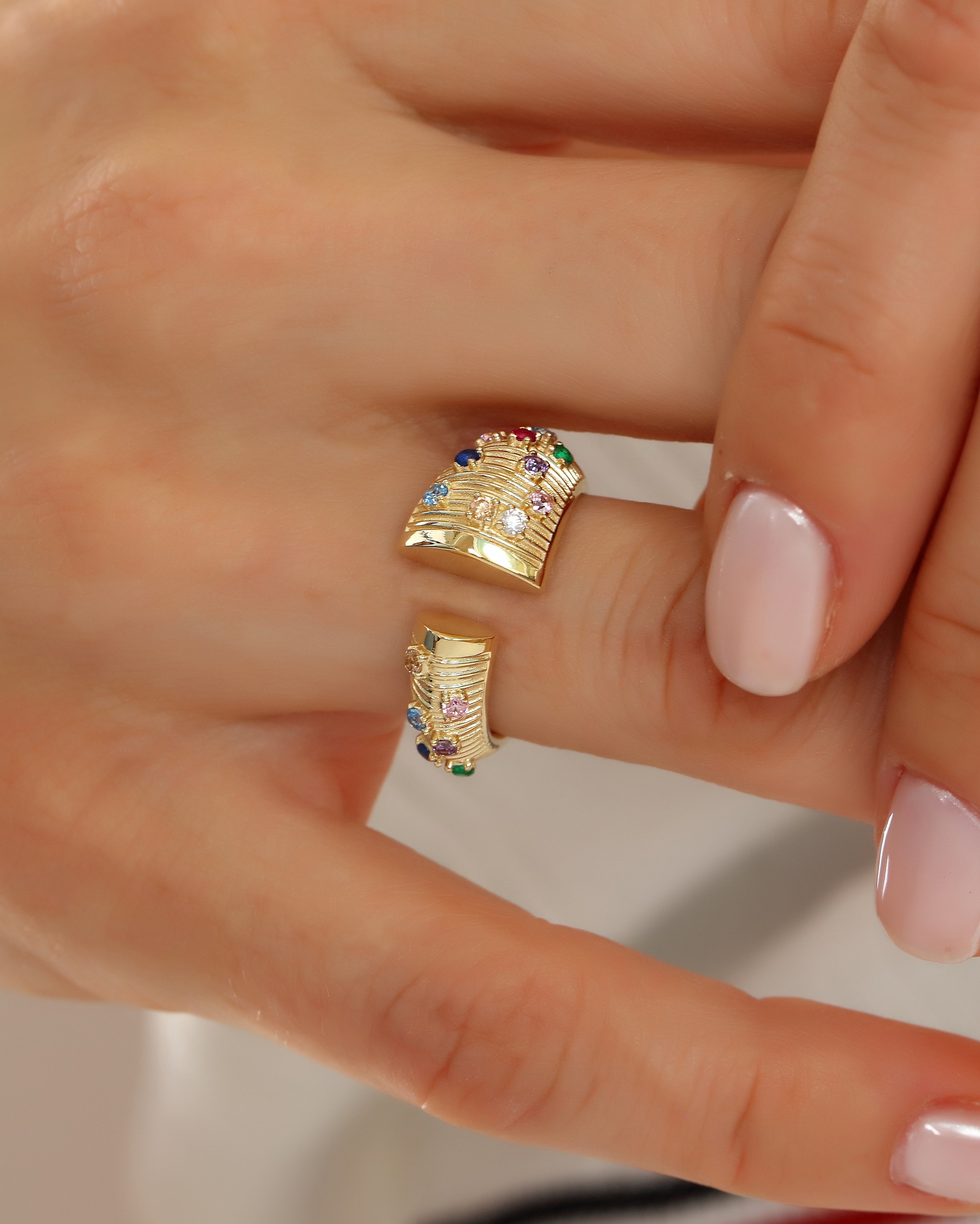 Adjustable Rainbow Gemstone Gold Stacking Ring