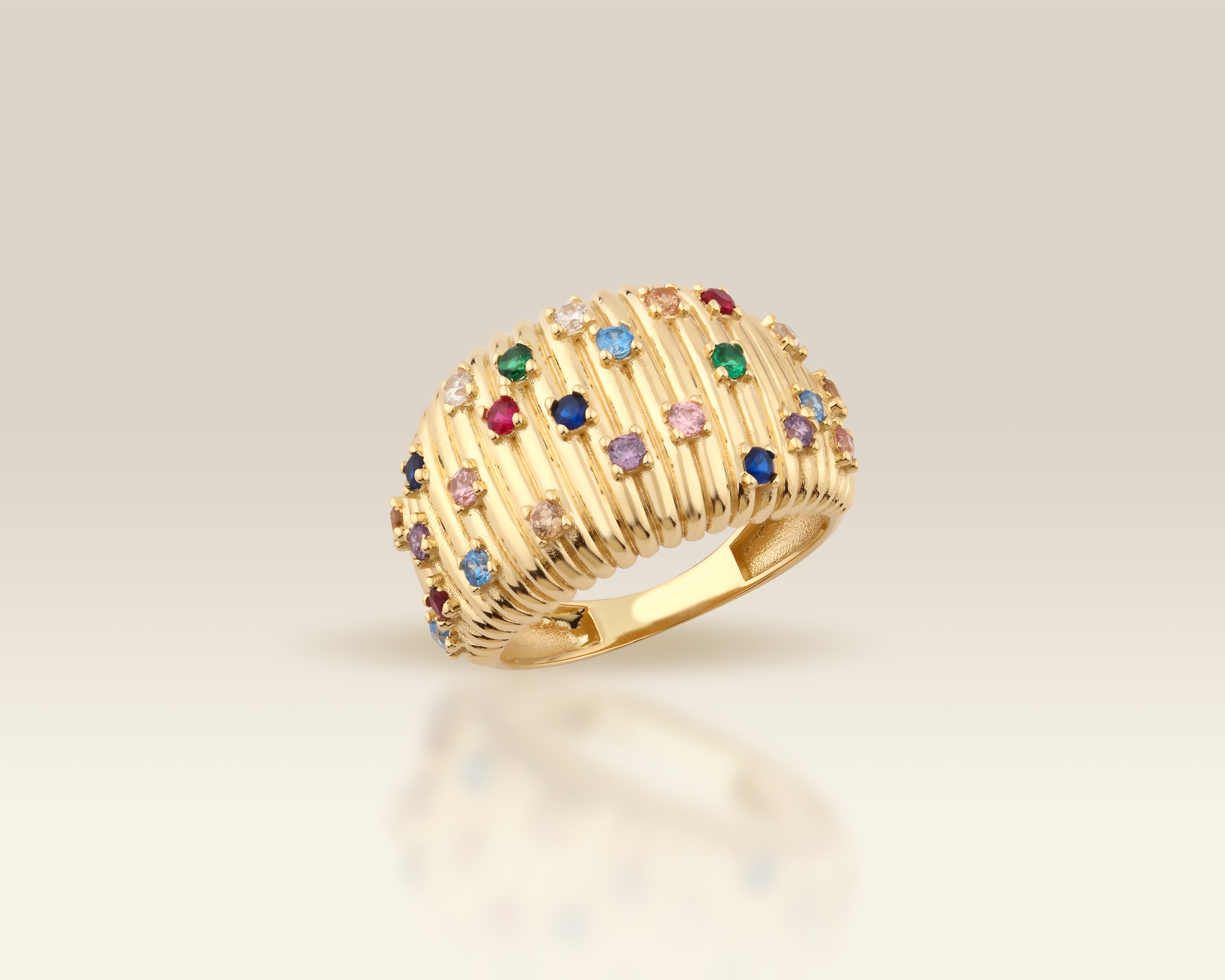 Rainbow Ribbed Birthstone Dome Ring